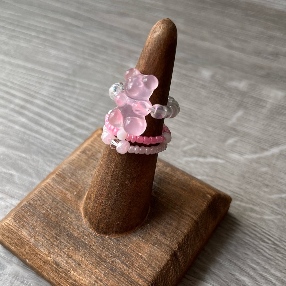 Pink Gummy Bear Beaded Ring Set